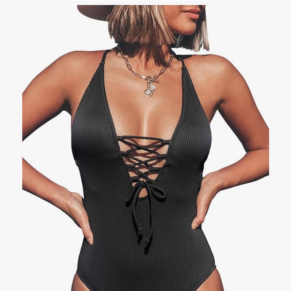 Cupshe Black Lace-Up One-Piece Swimsuit